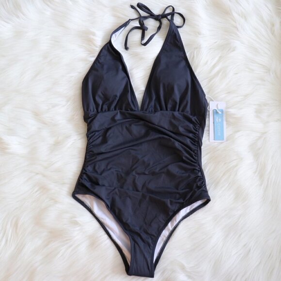 NEW Gray Shirring V Neck One Piece Bathing Suit Swimsuit Size XS - Picture 2 of 7